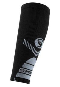 Manica compressiva nera con una trama a coste, dotata di un motivo geometrico grigio e dettagli del logo, progettata per un uso atletico.