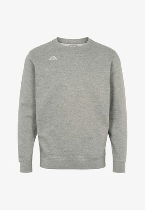 Světlě šedá mikina s kulatým výstřihem, dlouhými rukávy a malým bílým logem na levé horní straně hrudi.