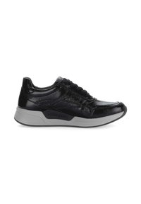 Sneaker sintetiche nere con finitura lucida, design texturizzato e suola in gomma grigia. Presentano lacci neri e un marchio sul lato.