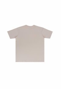 Lys beige t-skjorte med korte ermer og rund hals. Glatt bomullslerret, enkel design, ingen mønstre eller grafikk. Renslig, uforedlet bakdel.