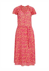 Floral dress in pink and yellow patterns, short flutter sleeves, v-neckline, cinched waist with a belt, knee-length, lightweight fabric.