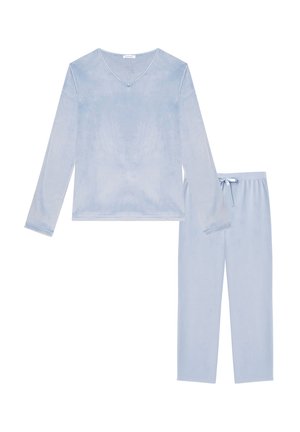 Light blue long-sleeve top with V-neck and matching drawstring pants made of soft, velvety fabric pajama set.