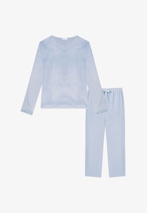 Light blue long-sleeve top with V-neck and matching drawstring pants made of soft, velvety fabric pajama set.