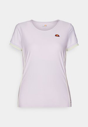 Lichtpaarse sportshirt met korte mouwen, zachte stof, gele accenten langs de naden en een klein geborduurd logo op de borst.