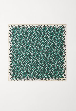 Square scarf featuring a white background with a densely packed pattern of teal and black flowers, trimmed with a thin orange border.