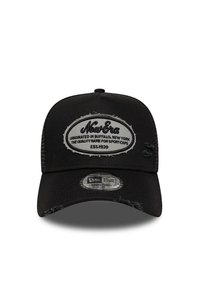Black baseball cap featuring a curved brim, front patch with "New Era" logo, mesh sides, and adjustable strap at the back.