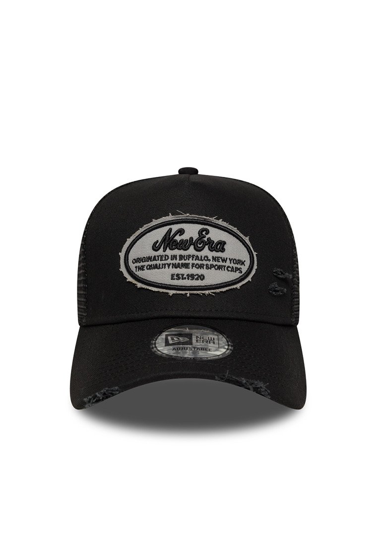 Black baseball cap featuring a curved brim, front patch with "New Era" logo, mesh sides, and adjustable strap at the back.