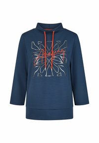 Navyblauwe sweatshirt met hoge hals, driekwartmouwen, oranje koordjes en een gouden grafisch ontwerp met het woord "Amazing."