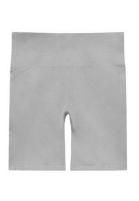 Světlé šedé hladké vysoké cyklistické šortky do poloviny stehno vyrobené z hladké, elastické látky.