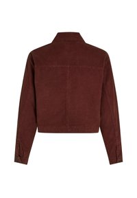 Cropped corduroy jacket in dark red with a pointed collar, long sleeves, and a simple back design. Features subtle texture and stitching details.
