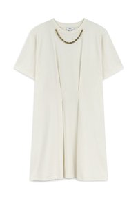Kurzärmliges Kleid aus weißer Baumwolle mit einem gefalteten Vorderteil und einem dekorativen Halsband aus goldener Kette. Schlichte, legere Passform.