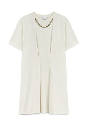 Kurzärmliges Kleid aus weißer Baumwolle mit einem gefalteten Vorderteil und einem dekorativen Halsband aus goldener Kette. Schlichte, legere Passform.