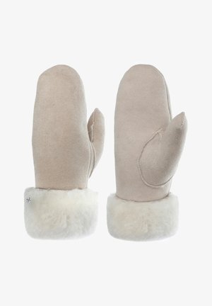 Beige ruskindshandsker med en plyssig hvid pelskant. Rund form, glat tekstur og forstærket syning langs sømmene.