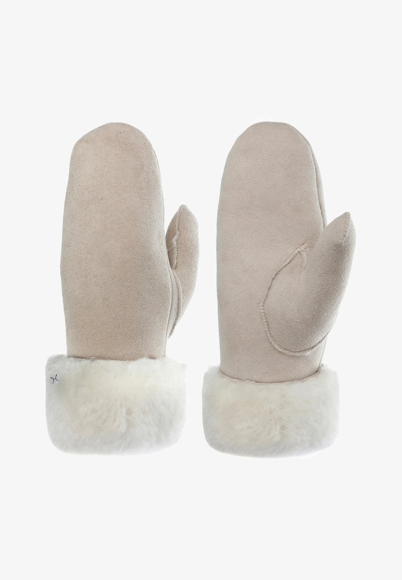 Beige suède wanten met een pluche witte bontmanchet. Ronde vorm, gladde textuur en versterkte stiksels langs de naden.