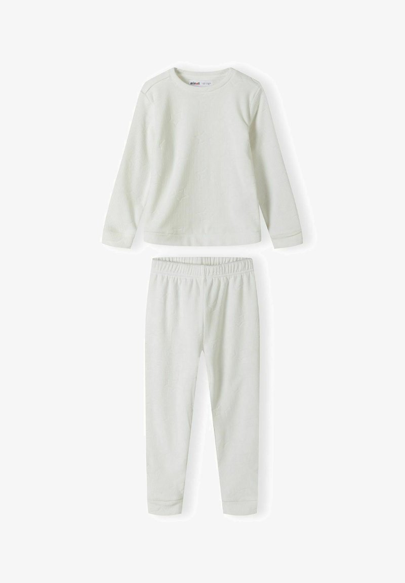 Ljust grå ribbad pyjamasset bestående av en långärmad topp och byxor med elastisk midja, med subtilt geometriskt mönster och mjuk textur.