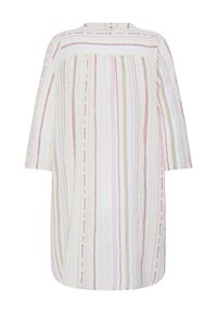Robe chemise à manches longues, longueur genou, avec des rayures verticales rouges, beige, bleues et jaunes sur fond blanc.