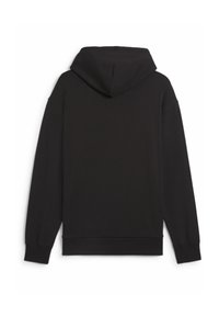Felpa nera in misto cotone, con cappuccio regolabile, polsini e orlo a coste, con una texture liscia e un design semplice.