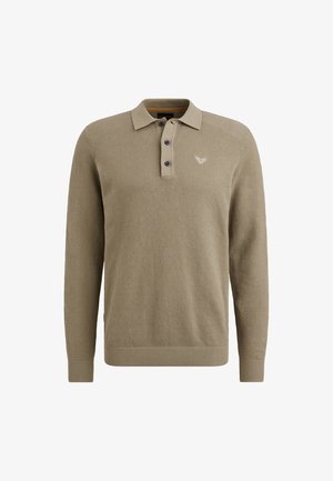 Pullover beige a maglia con motivo texturizzato, polsini e orlo a costine, patta con tre bottoni e un piccolo logo sul petto.