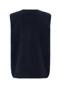 Veste sans manches polaire bleu marine foncé avec une surface douce et texturée, vue de dos.