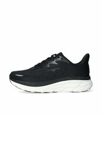 Le scarpe da corsa nere presentano una tomaia in mesh traspirante, una intersuola bianca ammortizzata e una suola nera testurizzata con un dettaglio del logo sul lato.