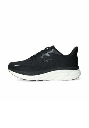 Le scarpe da corsa nere presentano una tomaia in mesh traspirante, una intersuola bianca ammortizzata e una suola nera testurizzata con un dettaglio del logo sul lato.