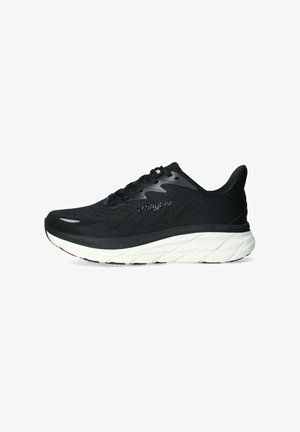 Le scarpe da corsa nere presentano una tomaia in mesh traspirante, una intersuola bianca ammortizzata e una suola nera testurizzata con un dettaglio del logo sul lato.
