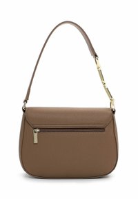 Borsa a tracolla in pelle marrone con finitura testurizzata, una sola tracolla e una tasca anteriore con cerniera. Caratterizzata da dettagli in metallo color oro.