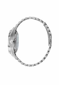 Silberne Edelstahl-Uhr mit einem runden Gehäuse, beaded Armband und einem strukturierten Zifferblatt. Verfügt über eine Krone in der 3-Uhr-Position.