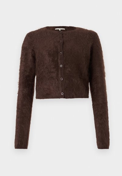 Brown fluffy cropped cardigan with long sleeves, round neck, and five button closure on the front; soft texture and simple design.