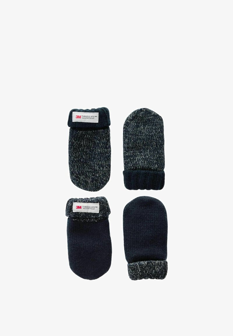 Sinine ja hallid kootud labakindad, millel on tekstuuriga viimistlus. Includes Thinsulate'i silt ja ribadega mansetid soojuse ja sobivuse jaoks.