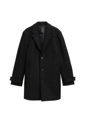 Manteau noir en mélange de laine avec revers en pointe, design à un seul bouton, trois boutons à l'avant, deux poches latérales et poignets ajustables.
