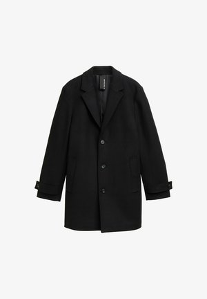 Sort uldblandet frakke med klapkrave, ensartet design, tre frontknapper, to sidelommer og justerbare manchetter.