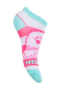 Calzini alla caviglia rosa e bianchi con un risvolto turchese, caratterizzati da un design di un gufo dei cartoni animati e la scritta "HED". Realizzati in tessuto morbido e elasticizzato.