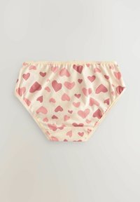 Baumwollunterwäsche im Bikini-Stil, hellbeige mit verstreuten pinken Herzen. Weiche Textur, elastischer Bund und Beinöffnungen mit einer glatten Verarbeitung.