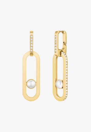Rechteckige Creolen in Gold-Ton mit eingearbeiteten Kristallen und einer zentralen weißen Perle in jedem hängenden Anhänger.