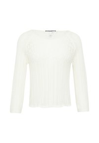 Weißer gestrickter Pullover mit langen Ärmeln, der ein strukturiertes Muster und einen U-Boot-Ausschnitt aufweist. Der Stoff wirkt leicht und ist offen gestrickt.