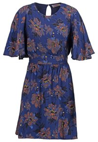 Floral dress in navy blue fabric featuring short flutter sleeves, a cinched waist, and a keyhole back detail with multicolored flower patterns.