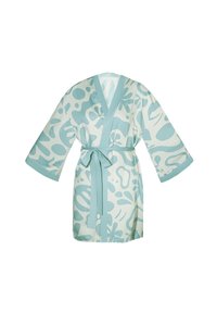 Jasnoniebieski szlafrok z abstrakcyjnymi wzorami, wykonany z miękkiego materiału. Posiada szerokie rękawy, pasek wiązany w talii oraz dekolt w kształcie litery V.
