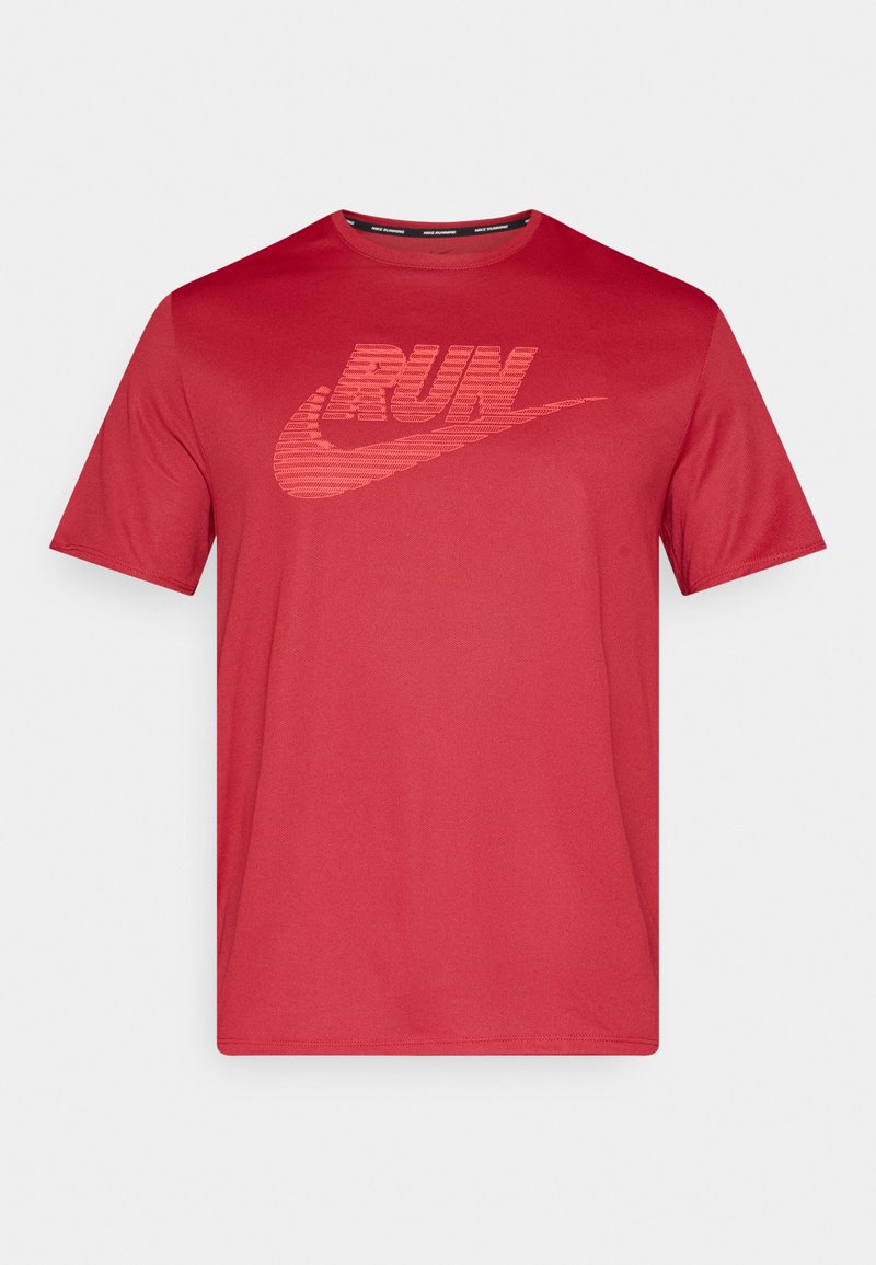 Rotes Nike-T-Shirt aus leichtem Stoff, mit kurzen Ärmeln und einem strukturierten "RUN"-Grafik mit dem Nike-Swoosh-Logo.