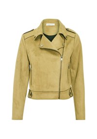 Veste de moto en faux suède vert olive avec un col cranté, une fermeture éclair à l'avant et des poches latérales. Elle présente des éléments de quincaillerie décoratifs et une taille ajustable.