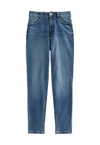 Siniset farkut korkea vyötärö, etupaino ja vetoketju, viisi taskua ja suorat kapenevat lahkeet.