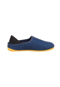 Blue felt slipper with a yellow rubber sole, black accents, and a low back design. Features simple stitching along the upper edge.