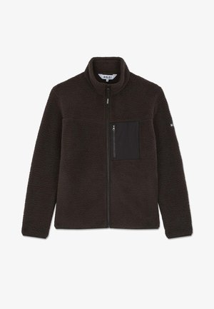 Veste en polaire marron avec un col montant, une fermeture éclair complète et une poche sur la poitrine à gauche. Elle présente un tissu doux et texturé, ainsi qu'un design épuré.