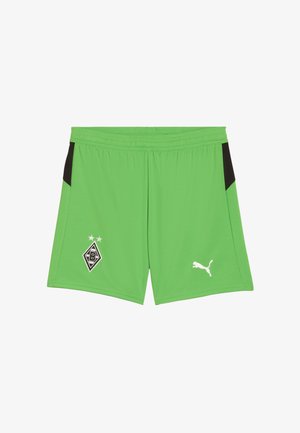 Pantalones cortos de portero verdes fabricados con un tejido ligero, con acentos laterales negros, un logotipo en la pierna izquierda y un emblema blanco de Puma.