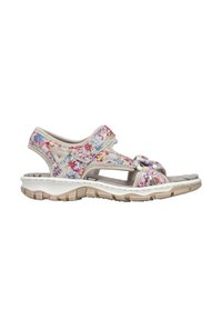 Sandale pour femme à bout ouvert avec imprimé floral multicolore, brides réglables à Velcro, semelle intérieure rembourrée et semelle extérieure en caoutchouc texturé beige.