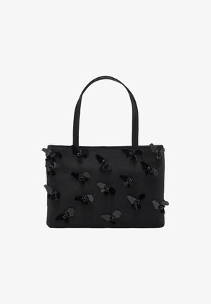 Borsa a tote in tessuto nero con decorazioni floreali piatte e centri di perline. Doppi manici e forma rettangolare, texture liscia.