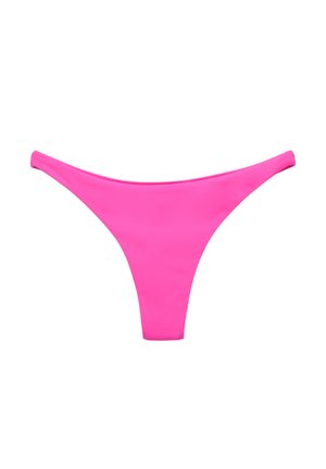 Ljusrosa bikiniunderdel med högskuren design, slät textur och smala sidor, med minimal täckning och utan utsmyckningar.