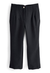 Pantalons noirs ajustés avec une texture lisse, dotés d'une fermeture à bouton à l'avant, de détails plissés et de jambes fuselées. Pas de poches visibles.