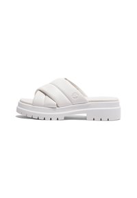 Witte slidesandalen met een kruisschuifontwerp, matte textuur, stevige zool en rubberen loopzool. Logo in reliëf aan de zijkant.