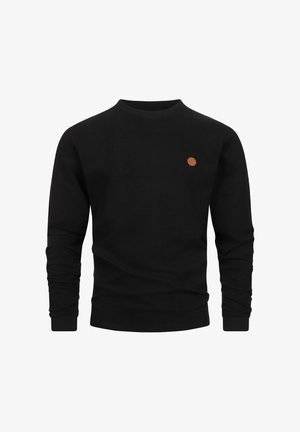 Zwart sweatshirt met lange mouwen en een ronde halslijn, ribbelstructuur, aansluitende manchetten en een klein bruin logo op de linkerborst.